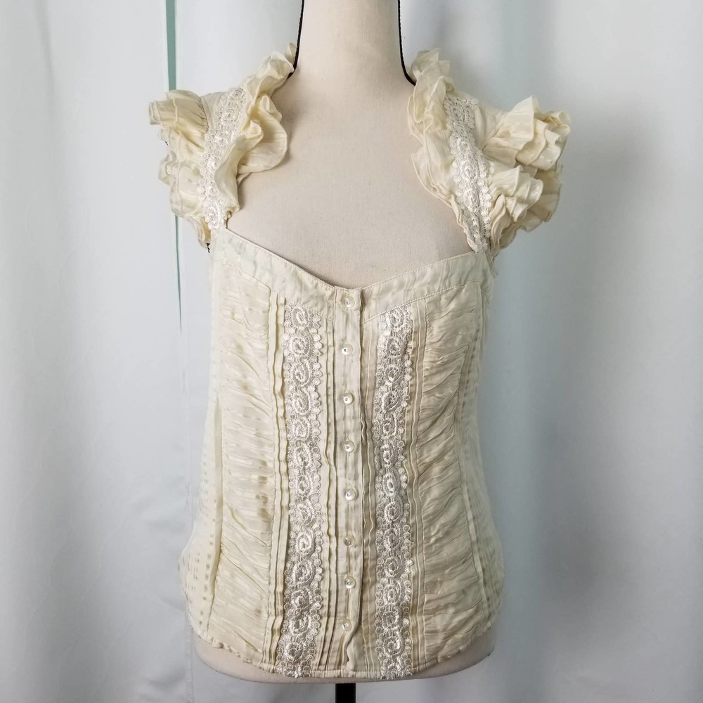 Vintage Bebe Ivory Embroidered Ruffle blouse Size L